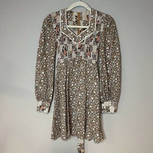 Vintage JODY T OF CALIFORNIA 70s Floral Prairie Folk Smocked Mini Dress
